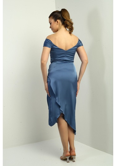 Kadın Madonna Yaka Drapeli Asimetrik Saten Kısa Elbise İndigo