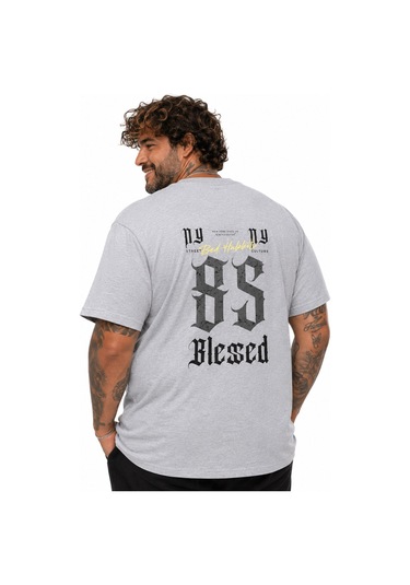 Starbattal Erkek Büyük Beden Sıfır Yaka Tişört Blessed 26147 Grı Melanj-3916 Gri Melanj