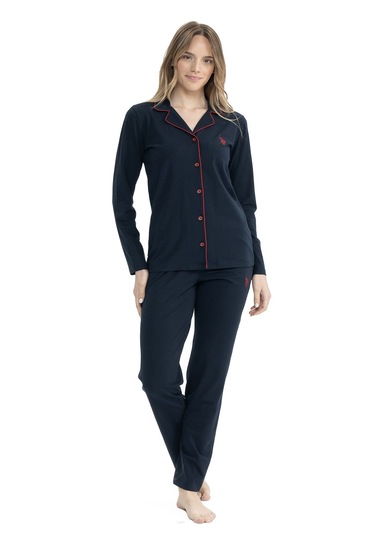 U.s. Polo Assn. 11000 Kadın Boydan Düğmeli Patlı Uzun Kol Pijama Takım V2 Lacivert Lacivert