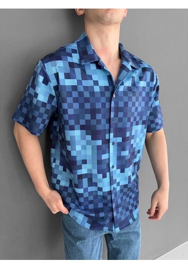 İki İplik Kumaş Baskılı Gömlek - Mavi Mavi