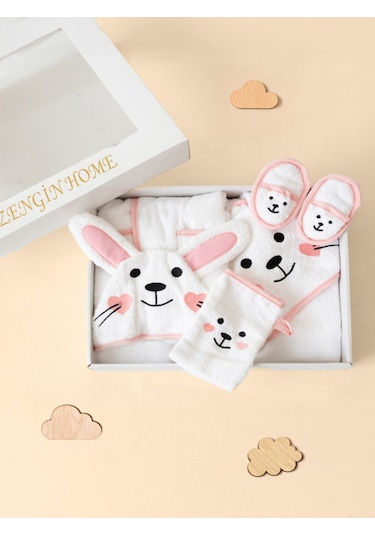 %100 Pamuk Kutulu Hediye Yenidoğan/bebek Bornoz Seti 4 Parça / Kelebek Süt Beyaz