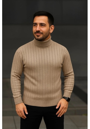 Erkek Fitilli Triko Kazak 3lü Set Bej Haki Siyah Regular Balıkcı Yaka Tam Boğazlı Triko Seti Modeli Kazak Çok Renkli