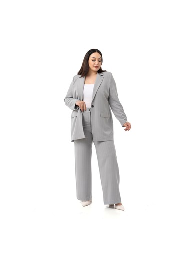 Büyük Beden Çizgili Gri Ceket Pantolon İkili Takım Gri