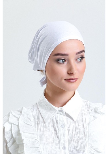 Beyaz Arkadan Bağlamalı Tesettür Bone Penye Kumaş Düz Bone 1011 42 Beyaz