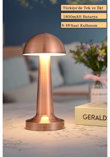 Mantar Model Retro Masa Lambası Rosegold Bakır Dimmerli Şarjlı