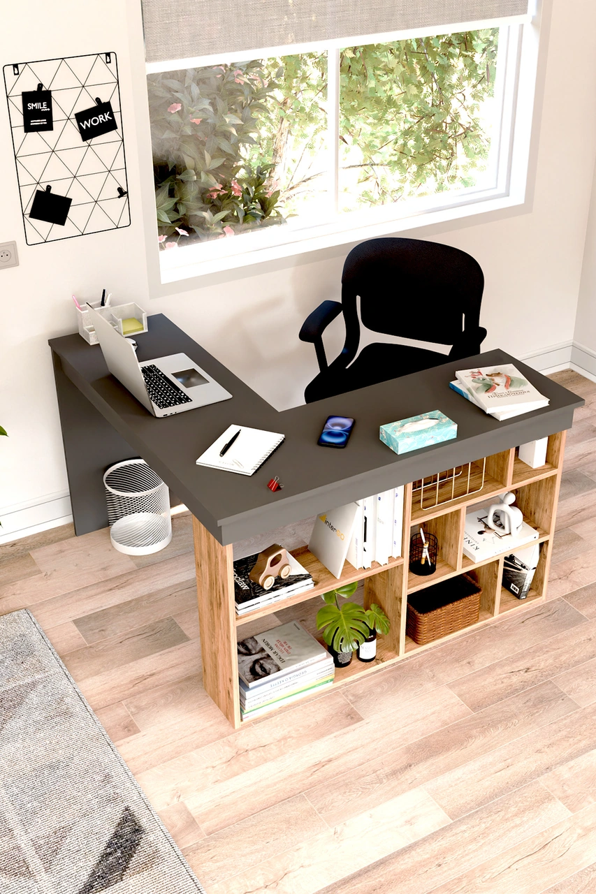 Corn Köşe Çalışma Masası Raflı Bilgisayar, Ofis Masası Antrasit Gri- Atlantik Çam Antrasit - Atlantik Çam Corn Köşe Çalışma Masası Raflı Bilgisayar, Ofis Masası Antrasit Gri- Atlantik Çam Antrasit - Atlantik Çam