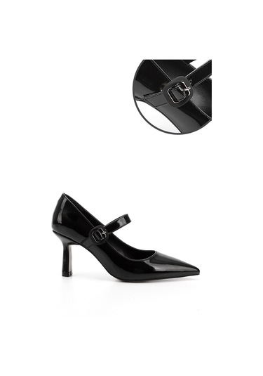 Gönderi R Siyah Rugan Sivri Burun Kadeh Ökçe Mary Jane Ayakkabı Siyah Rugan