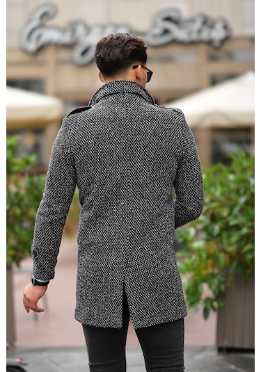 Erkek Dar Kesim Dik Yaka Uzun Açık Desenli Kaşe Kaban Gri - Siyah