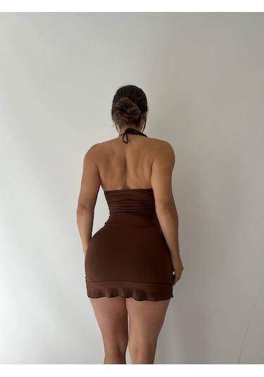 Pink Life Kahve Askılı Toka Ve Göğüs Dekolteli Mini Elbise Kahverengi