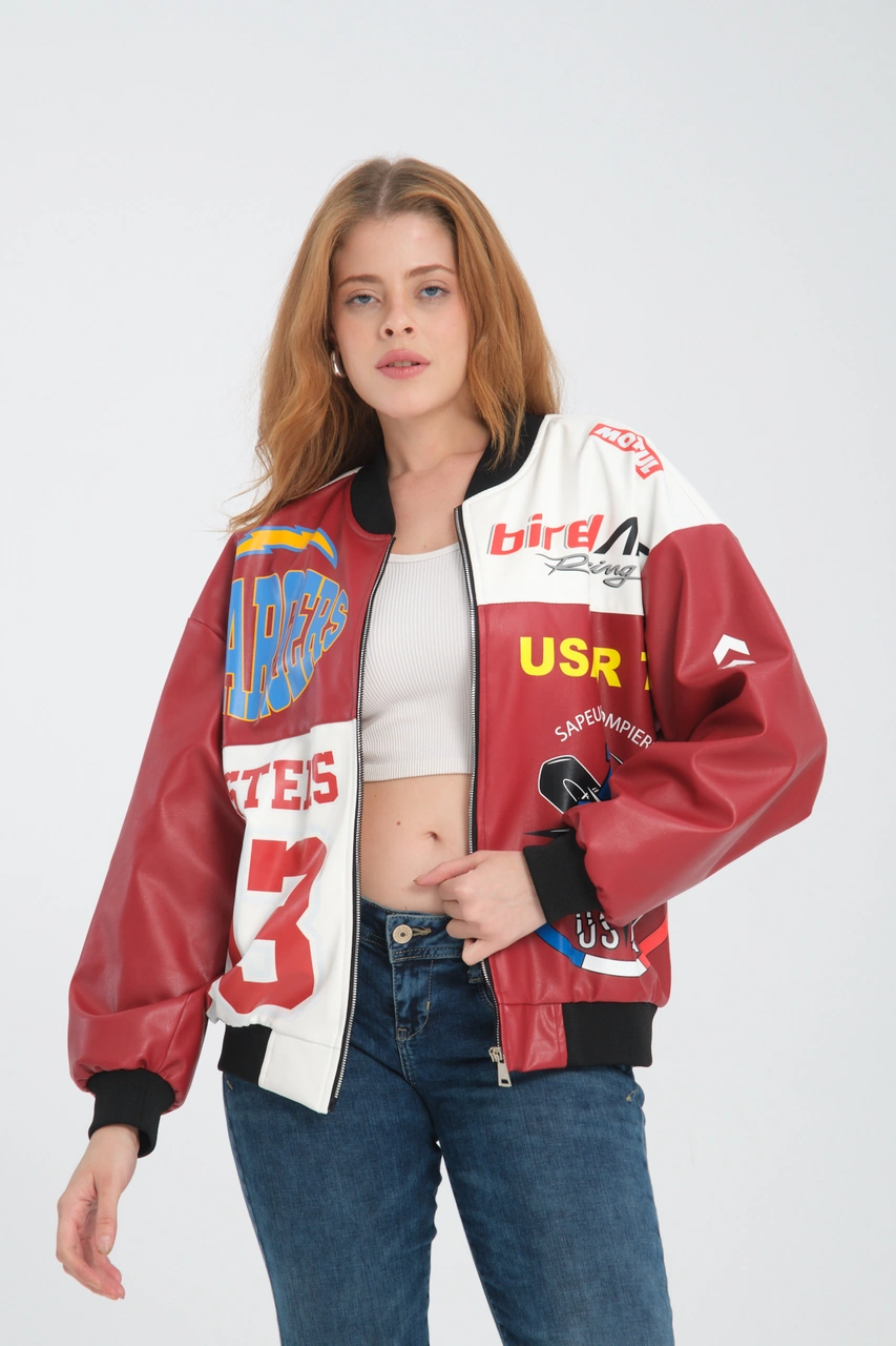 Kadın Oversize Baskılı Deri Motorcu Montu Fermuarlı Yarışçı Ceket Astarlı Bomber Kolej Mont Kırmızı Kadın Oversize Baskılı Deri Motorcu Montu Fermuarlı Yarışçı Ceket Astarlı Bomber Kolej Mont Kırmızı