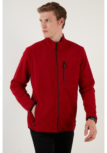 Buratti Slim Fit Fermuarlı Cepli Dik Yaka Polar Erkek Hırka 5906028 Bordo