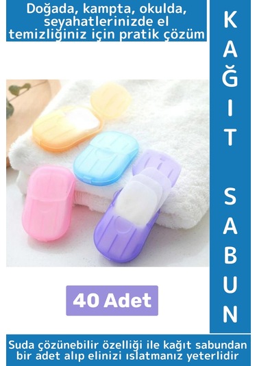 Seyahat Tipi Kamp Outdoor Okul Ofis Hafif Suda Kolay Çözünen Sabunluk Tasarımlı Kağıt Sabun 40 Adet Çok Renkli