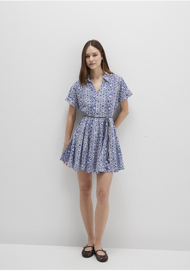 Mavi - Baskılı Beli Bağcıklı Mini Elbise 1310763-91087 Lacivert