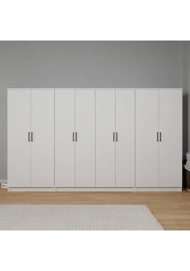 Kardelen Serisi 300 Cm Mat Beyaz 8 Kapılı 13 Raflı Elbise Dolabı - Gardırop Seti Beyaz