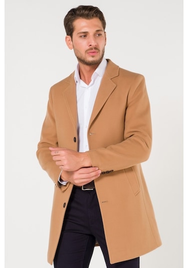 Slim Fit V Yaka Kışlık Pudra Kaşe Kaban-Pudra