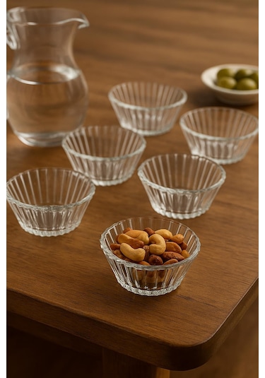 6 Lı Cam Desenli Çerezlik Kase Seti 150 Ml Şeffaf