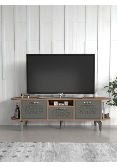 Tv Sehpası Tv Ünitesi Kapaklı Raflı Setro Traverten Çok Renkli
