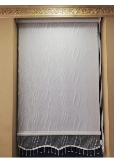 Dalga Desen Tül&Stor Çiftmekanizmalı Perde Etek+Bonc...