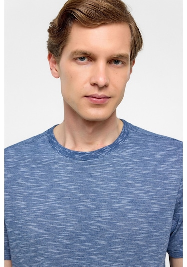 SÜVARİ Saks Mavi Regular Armürlü Bisiklet Yaka Tişört