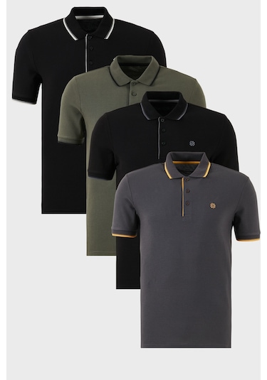 Buratti Pamuklu Slim Fit Şerit Detaylı Düğmeli Polo Yaka 4'Lü Paket Erkek T Shirt 5902118S4 Siyah-Antrasit-Haki-Siyahbeyaz