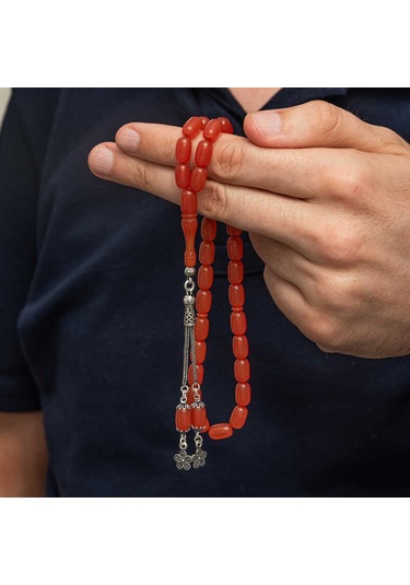 Gümüş Püsküllü Kapsül Kesim Sıkma Kehribar Tesbih Sl12597 Gümüş