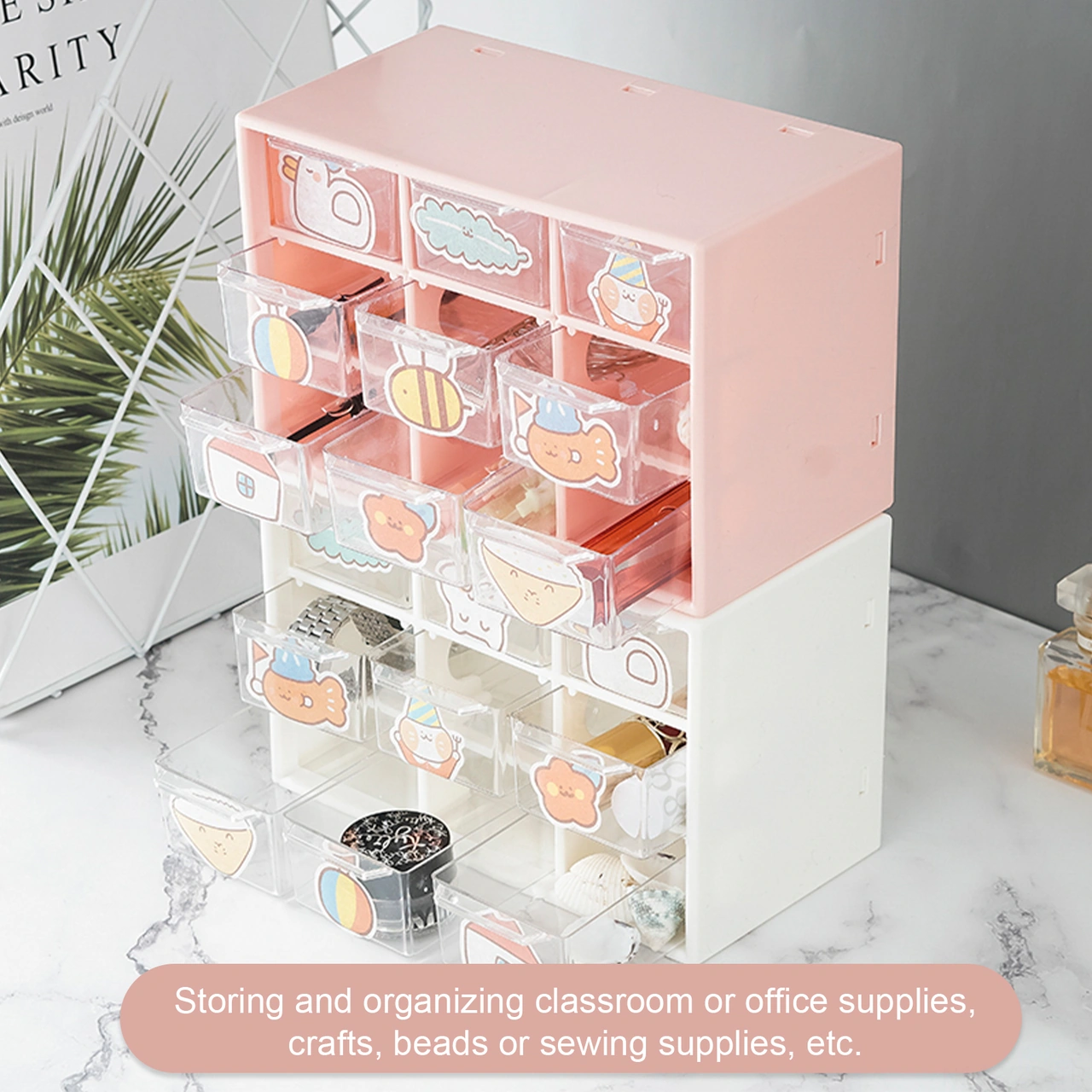 Yuntech01 Plastik 9 Bölmeli Çekmeceli Depolama Kutusu - Toz Koruma - Pembe - Parça Ve Alet Saklama Pembe