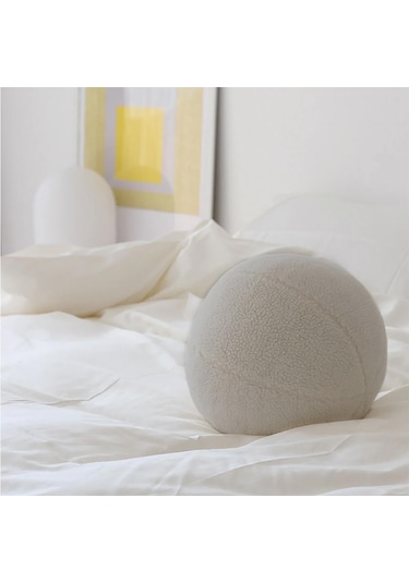 Woodesk Ballo, Dekoratif Top Kırlent, Yastık, Çap 25 Cm, Bej Renk