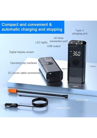 Didadodo Czk Şarjlı Led Işıklı Akıllı Araç Lastik Hava Pompası Kompresörü, Kullanıcı Dostu Model