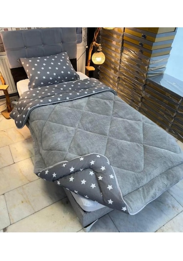 Tek Kişilik Lüx Çift Taraflı Pufidik Desenli Wellsoft Yorgan 155x215 + 1 Adet Yastık Kılıfı Açık Gri