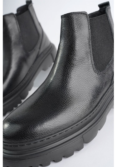 Muggo Thor Garantili Hakiki Deri Kalın Taban Erkek Kışlık Chelsea Bot Siyah