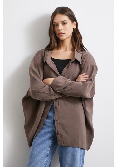 Oversize Cepli Modal Gömlek Kahve Kahve