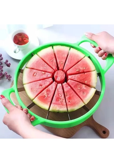 Moveevo Paslanmaz Çelik Karpuz Dilimleyici - Kaymaz Tutma Sapı İle Pratik Meyve Kesme Aleti Yeşil