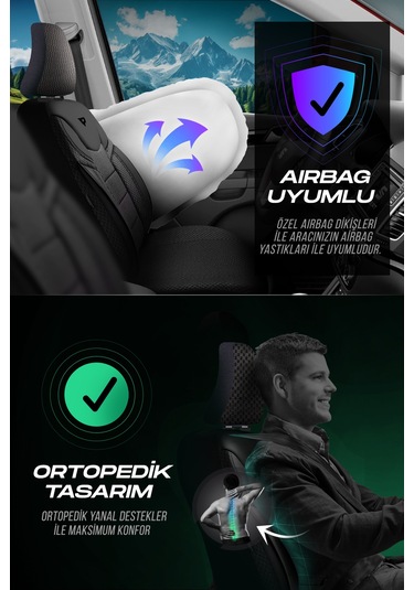 Siyah - Siyah Panda Dragon Serisi Dokuma Kumaş Oto Koltuk Kılıfı - Tam Set