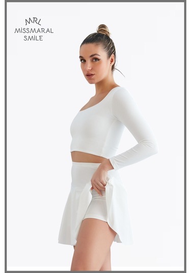 Beyaz Yüksek Bel Volanlı Şortlu Spor Etek Deniz Şortu Skirt With Shorts Beyaz