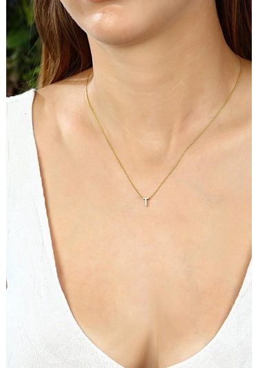 Azuris Silver Azuris 925 Ayar Gümüş Üç Boyutlu T Harfli Harfi Kolye Gold