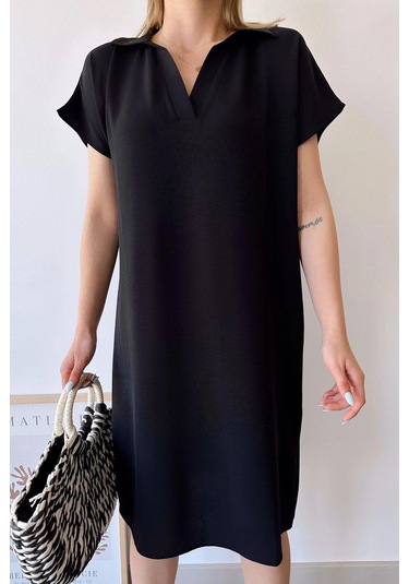 Kadın Siyah Kısa Kol, Polo Yaka, Dokulu Desen, Basic Kalıp/kesim, Aerobin Rahat Midi Elbise Siyah