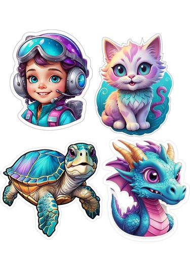 4 Adet 10x10 Cm Sticker Çocuk Etiket Seti V2 Çok Renkli