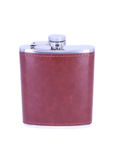 Kahverengi Deri Kaplama Paslanmaz Çelik Cep Matarası - Hip Flask 7 Oz