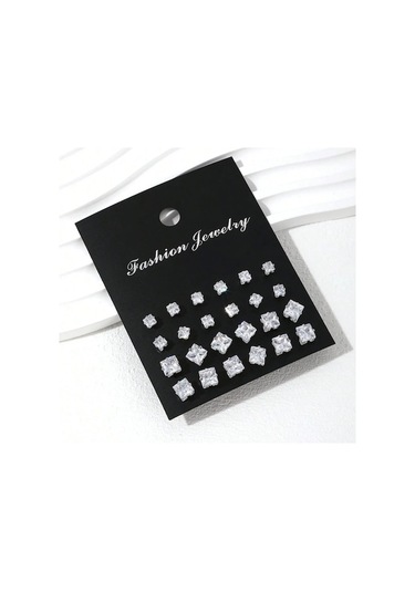 Flybuy 12'li Zirkonlu Gümüş Küpeler: Şık, Parlak, Çiftlere Özel, 4-6mm, 1.5cm Gümüş