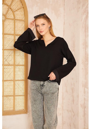 Kadın Ekstra Uzun Duble Kol / Yakası Yırtmaçlı Salaş Sweatshirt Bluz 3470190 Siyah