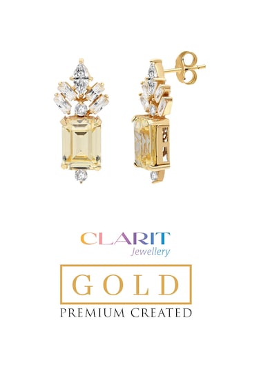 Created Light Yellow Canary Taşlı Zümrüt Kesim 14 Ayar Sarı Altın Küpe