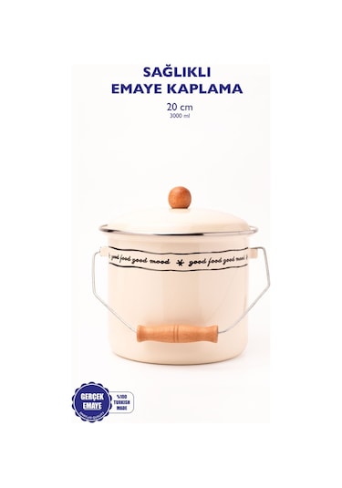 Mood Ahşap Detaylı Emaye Yoğurt/bakliyat Bakracı 20cm-3 Litre-tüm Ocaklarla Uyumlu Bej