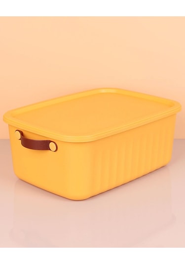 3 Adet 10 Litre Saklama Kabı, Çok Amaçlı Düzenleyici Kapaklı Kutu, Dekoratif Saklama Kutusu, 35x25x15cm - Sarı Çok Renkli