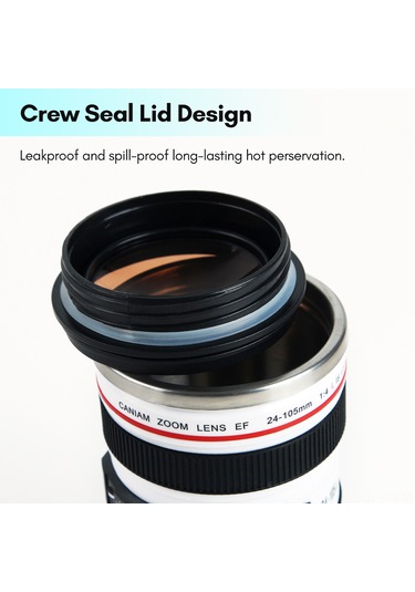 Kosona Kamera Lens Tasarım Termos Bardak, 400ml Paslanmaz Çelik, Dökülme Engeli, Fotoğraf Severler İçin, Beyaz Beyaz