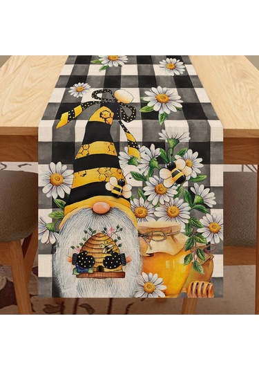 Bahar Arı Gnome Masa Koşucu, Bal Siyah Beyaz Ekose Kontrol Ev Mutfak Yemek Dekor