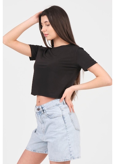 As Collection Siyah Bisiklet Yaka Kısa Kol Sandy Kadın Crop Siyah