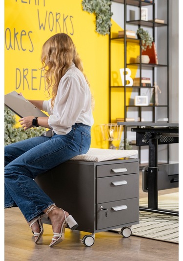 Creo Mobili Çekmeceli Kilitli Tekerlekli Vega Keson, Oturulabilir Ofis Ve Ev Komodini, Beyaz/mavi