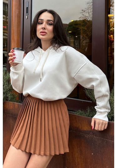 Tommy Life Ekru Reglan Kol Basic Kapüşonlu Oversize Sweatshirt Tunik - 97242 Ekru