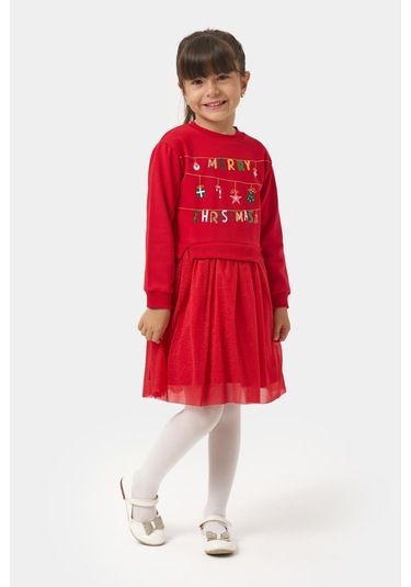 Kız Çocuk Merry Simli Kız Yılbaşı Elbisesi Nbk-24905 Kırmızı