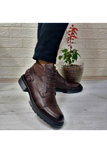 M.p 4201 Kahve Hakiki Deri Bağacaklı Fermuarlı Fuspetli Erkek Bot 001